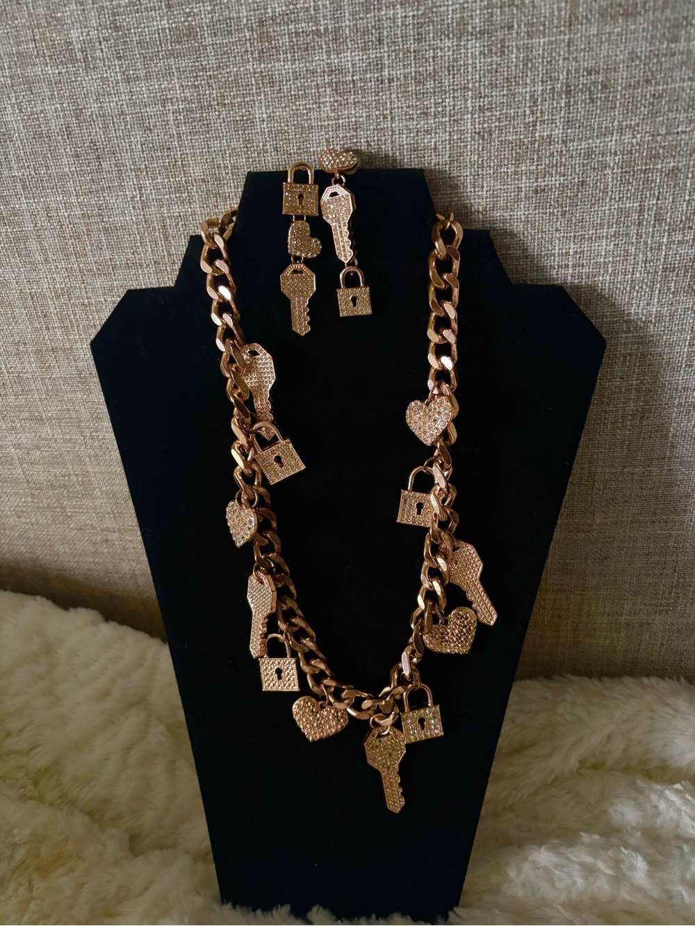Sassy Jones Rose Gold-Tone Heart, Key & Lock Charm Necklace and Earring Set